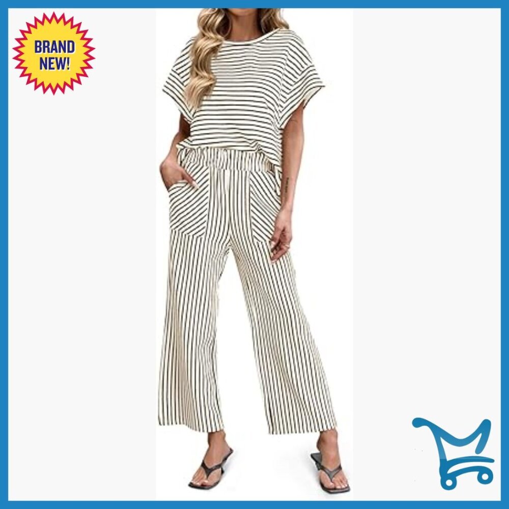 Small Striped Lounge Set with Pockets, Relaxed Fit Matching Pants and Top